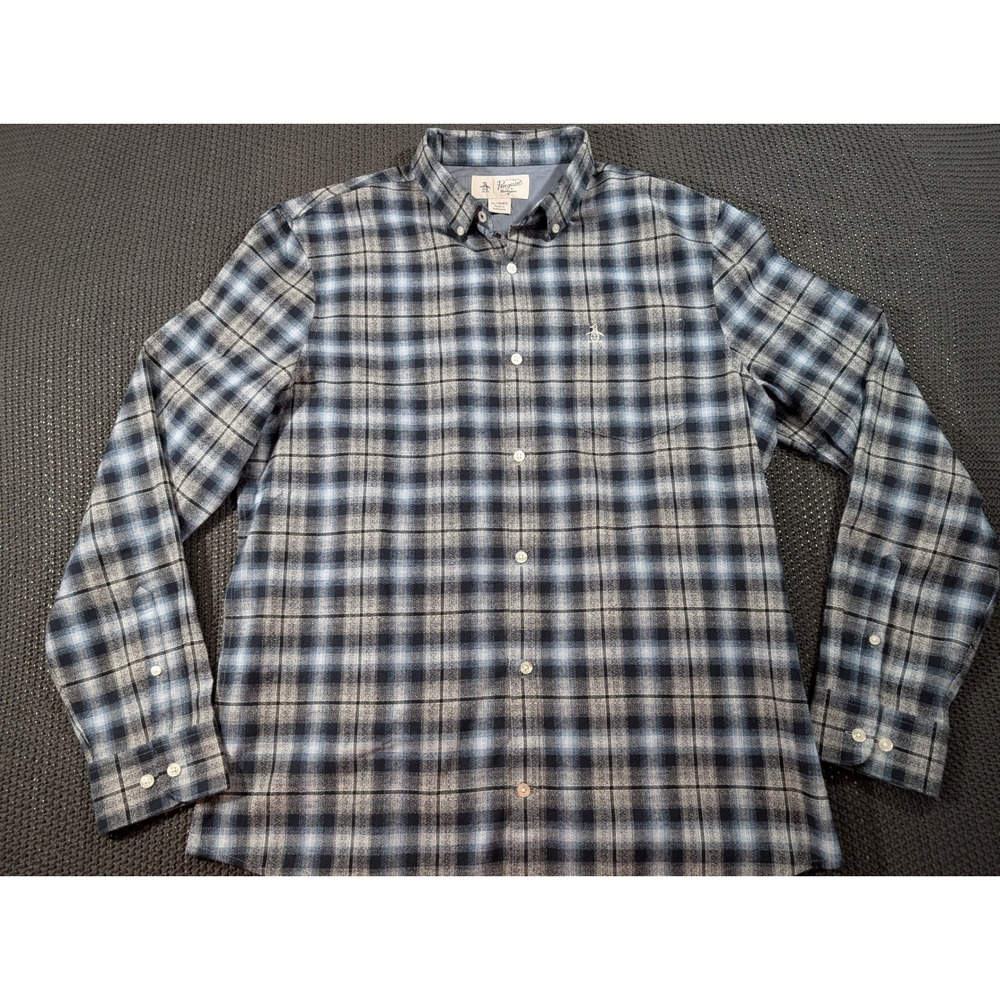 Original Penguin Mens XL Blue Grey Plaid Flannel Button Down Shirt Long Sleeve